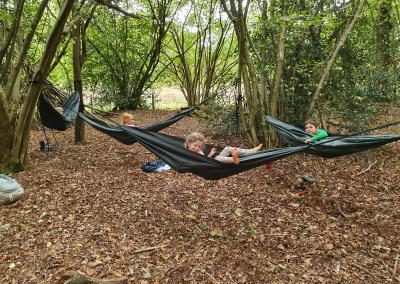 4 chilren in green hammocks within woodland sitting up and smiling at the camera